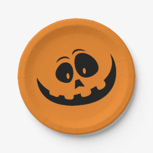 Prato De Papel Abóbora-de-laranja do Halloween assustadora rosto