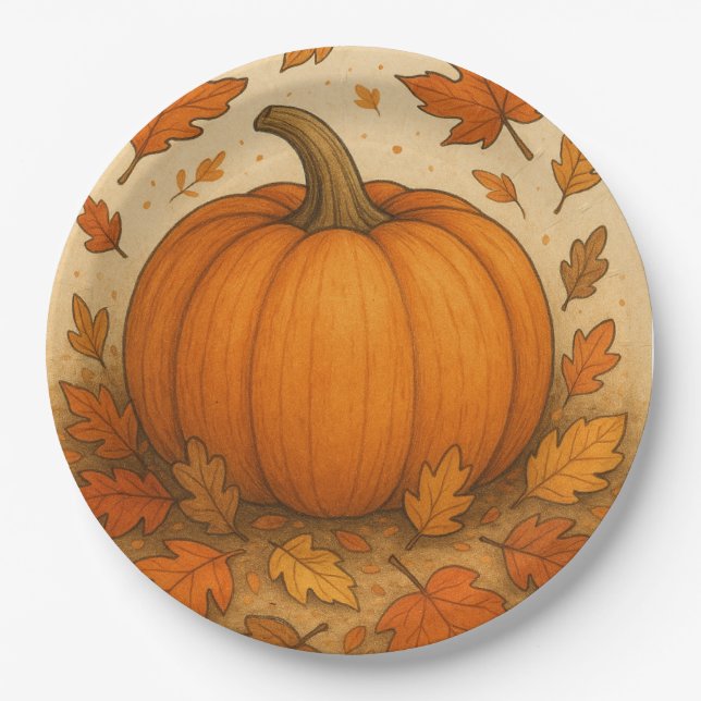 Prato De Papel Abóbora de outono de ouro e Folhas de outono (Frente)