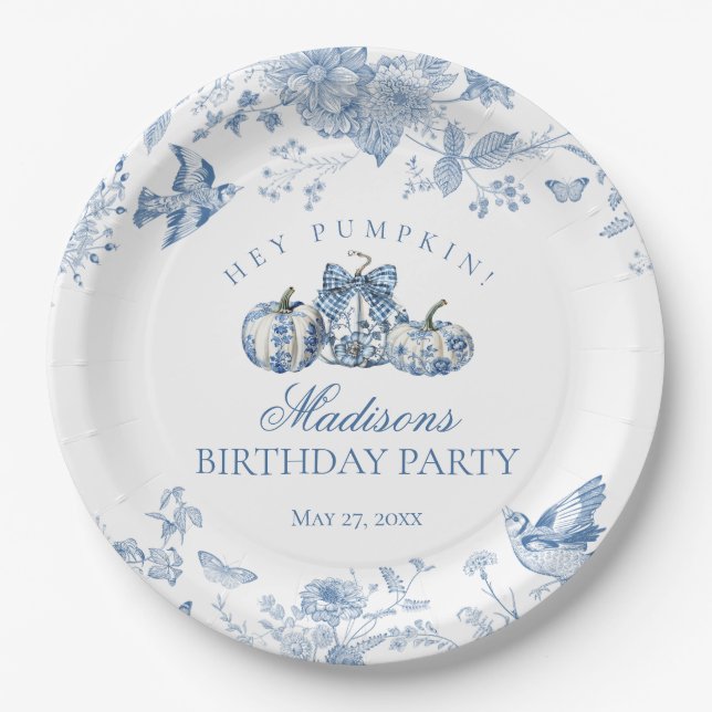 Prato De Papel Abóbora de Toalete Azul Francês Floral Aniversário (Frente)