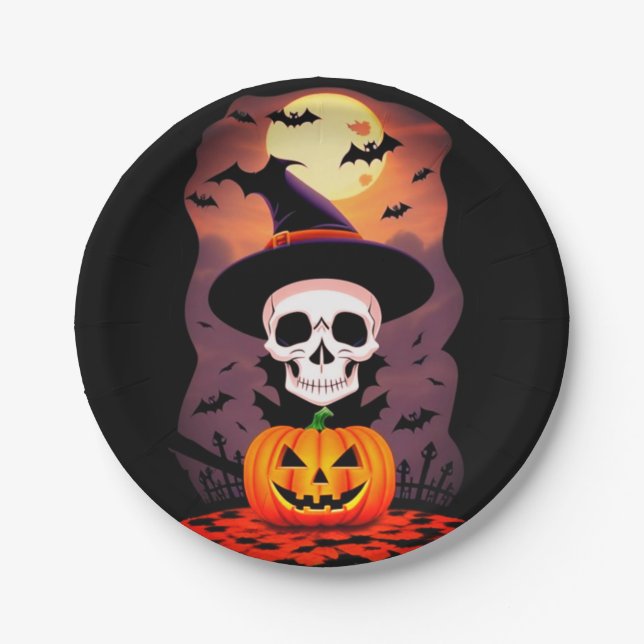 Prato De Papel Abóbora e crânio de Halloween (Frente)