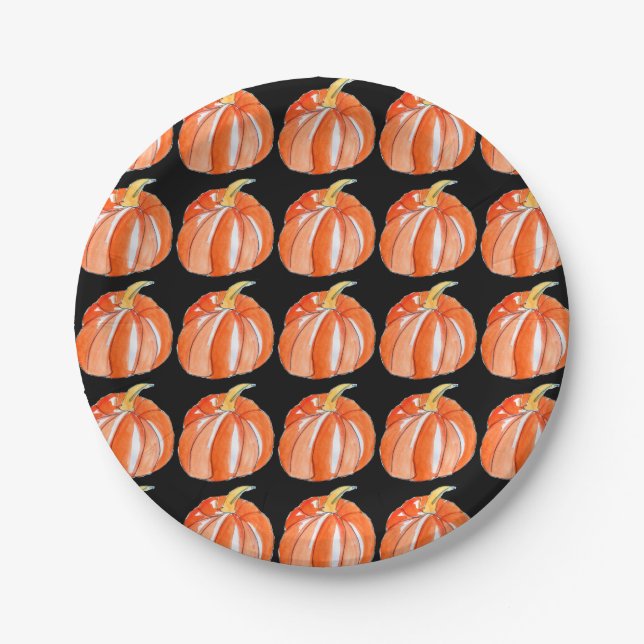 Prato De Papel Abóbora fofa de Halloween preta e laranja (Frente)