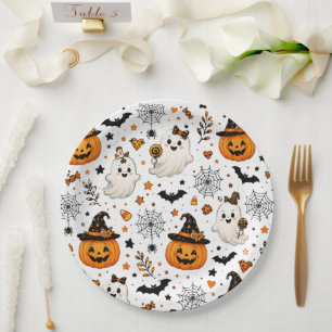Prato De Papel Abóbora Halloween Padrão Sem Costura Fantasmas F