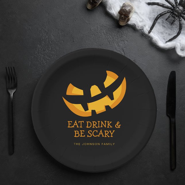 Prato De Papel Abóbora Lanterna Coma, Beba e Seja Assustador (Jack-O-Lantern Eat Drink and Be Scary Paper Plates)