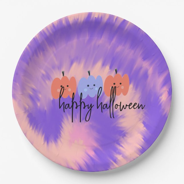 Prato De Papel Abóbora Tie Dye Desenhada à Mão de Halloween   (Frente)