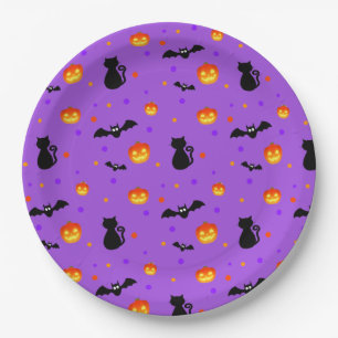 Prato De Papel Abóboras de Halloween & morcegos em roxo