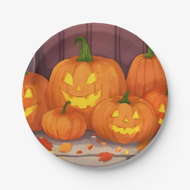 Prato De Papel Abóboras de Jack-O-Lantern Festa de Halloween (Frente)