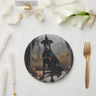 Prato De Papel Abóboras Doberman de Halloween Assustadoras