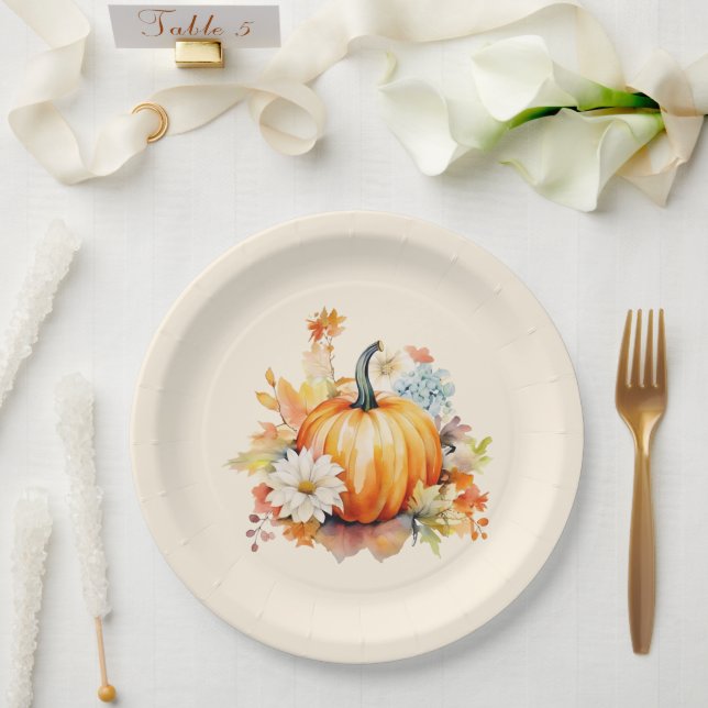 Prato De Papel Abóboras Laranja e Flores Outono (Casamento)