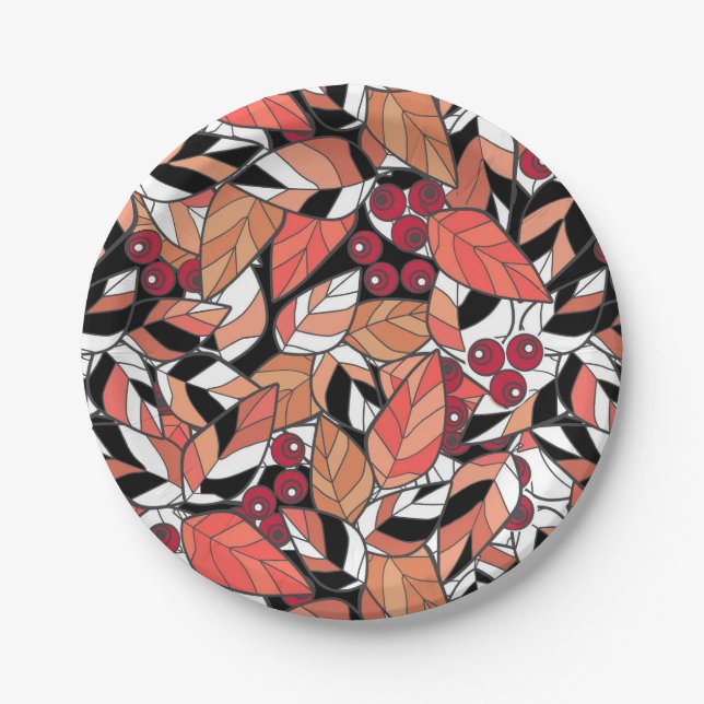 Prato De Papel Abstrato cartoon folhas bagas pretas (Frente)