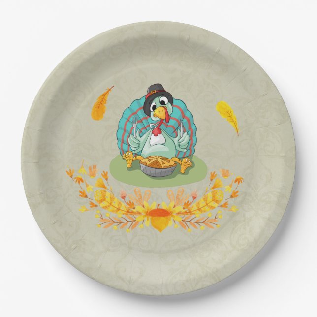 Prato De Papel Ação de Graças A Turquia Comendo Pupkin Pie (Frente)