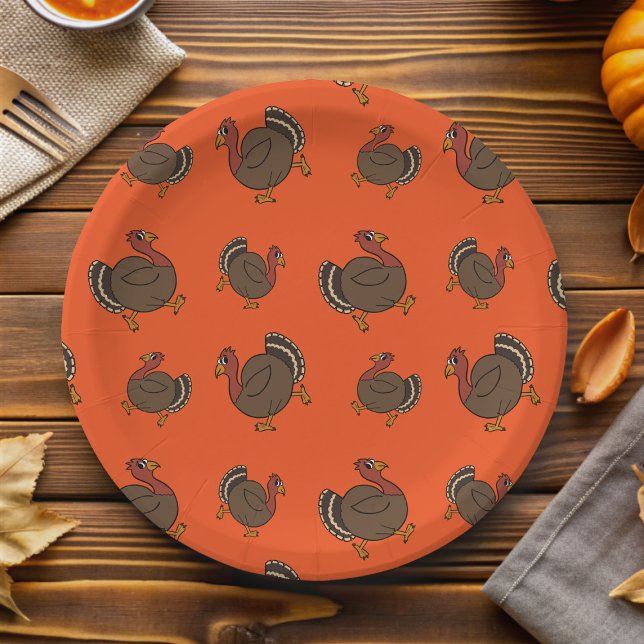 Prato De Papel Ação de Graças Turquia Padrão Papel Laranja (Cute turkey pattern paper plate for your Thanksgiving celebration)