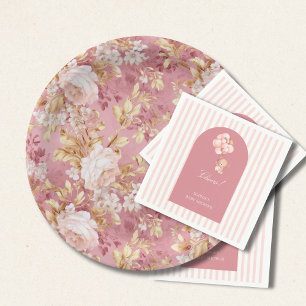 Prato De Papel Acentos Florais Rosa Malva e Marrom Dourado
