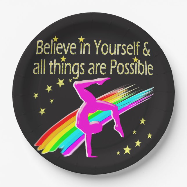 PRATO DE PAPEL ACREDITE EM SI MESMO DESIGN DE GINÁSTICA (Frente)