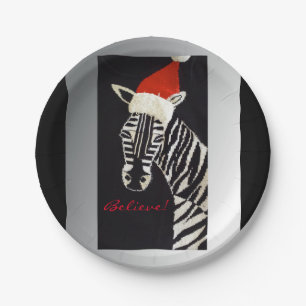 Prato De Papel Acredite! Zebra do Natal com o chapéu vermelho do