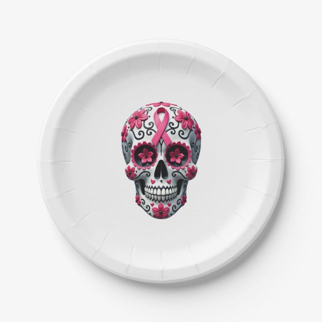 Prato De Papel Açúcar Rosa do Laço Caveira Calavera do Cancro da  (Frente)