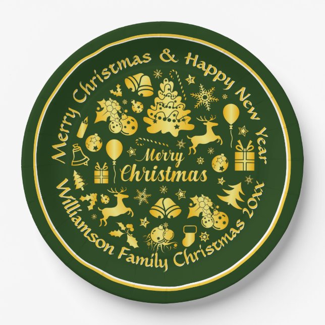 Prato De Papel Adicionar Nome Alterar Texto Dourado Verde Natal 2 (Frente)