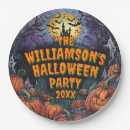 Prato De Papel Adicionar Nome Ano Festa de Halloween 9"