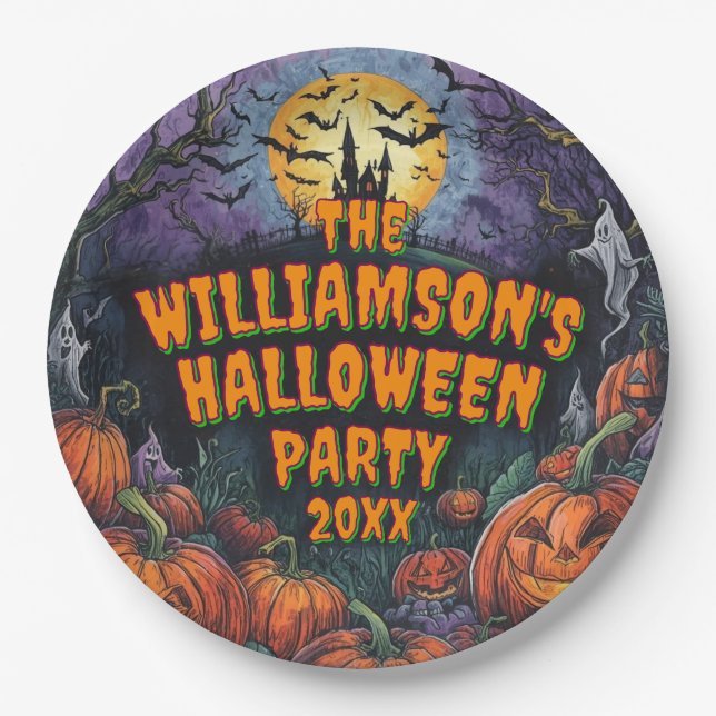 Prato De Papel Adicionar Nome Ano Festa de Halloween 9" (Frente)