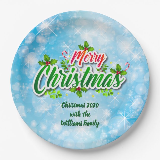 Prato De Papel Adicionar Nome Correspondente a Feliz Natal Azul 9 (Frente)