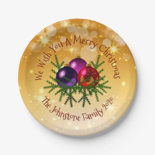 Prato De Papel Adicionar Nome Correspondente ao Natal em Dourado  (Frente)