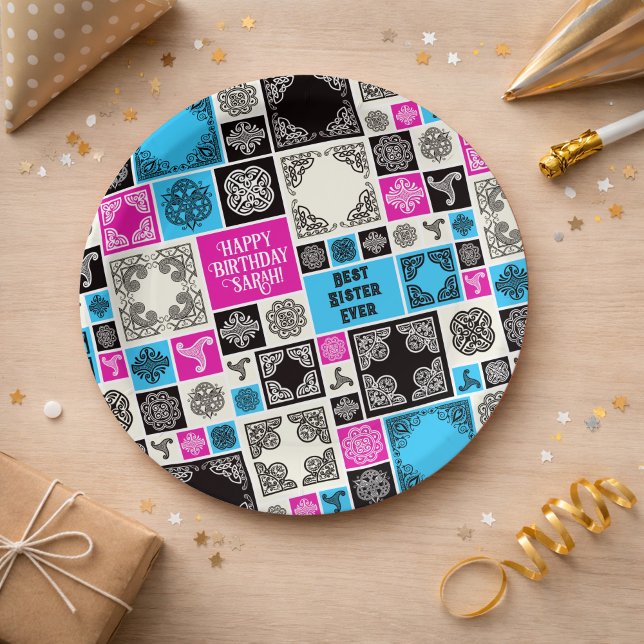 Prato De Papel Adicionar Nome e Relação Aniversário Magenta e Azu (Criador carregado)