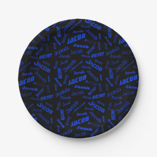 Prato De Papel Adicionar qualquer nome ou palavra   Azul e Preto