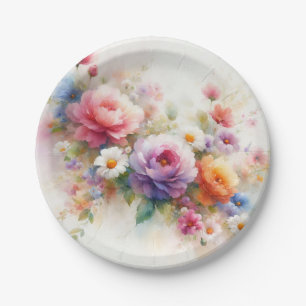Prato De Papel Adicione Seu Texto Flores Personalizadas Aquarela 