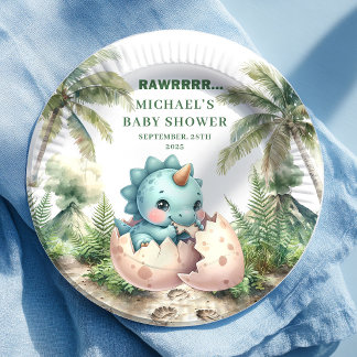 Prato De Papel Adorable Dino Egg Baby Shower Hatching Soon Plates