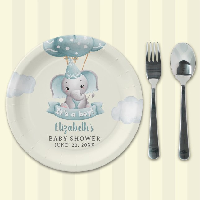 Prato De Papel Adorable Gray Elephant Baby shower Boy (Criador carregado)