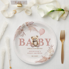 Prato De Papel Adorable Teddy Bear Pink Boho Floral Girl