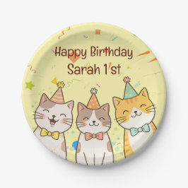 Prato De Papel Adorable Trio of Birthday Cats | Custom Name & Age