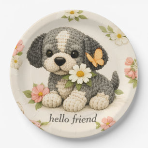 Prato De Papel Adorável Cachorrinho Cinza Floral Borboleta =