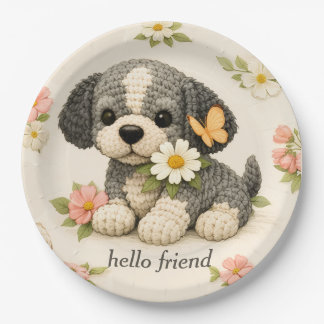 Prato De Papel Adorável Cachorrinho Cinza Floral Borboleta =