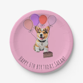 Prato De Papel Adorável Corgi Rosa Aniversário Personalizável