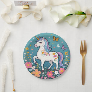 Prato De Papel Adorável Pônea Floral Unicorna em Pastéis