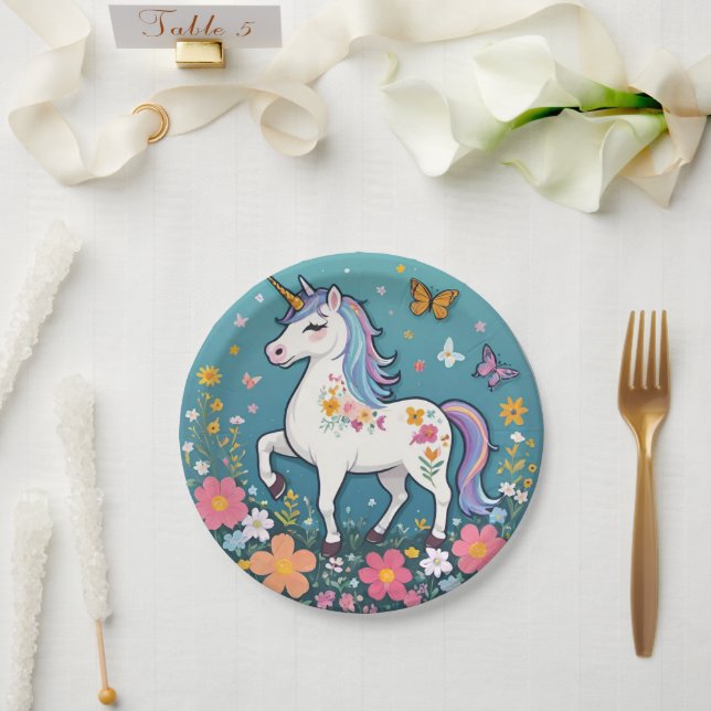 Prato De Papel Adorável Pônea Floral Unicorna em Pastéis (Casamento)