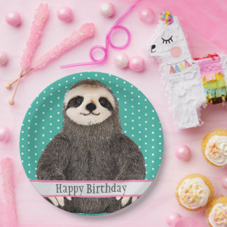 Prato De Papel Adorável Sloth Teal Kid's Happy Birthday Animal