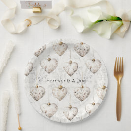Prato De Papel Adornos Corações Cinza Creme Chic Casamento