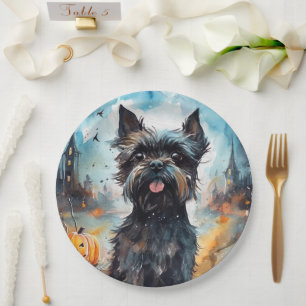 Prato De Papel Affenpinscher de Halloween com Abóboras Assustador