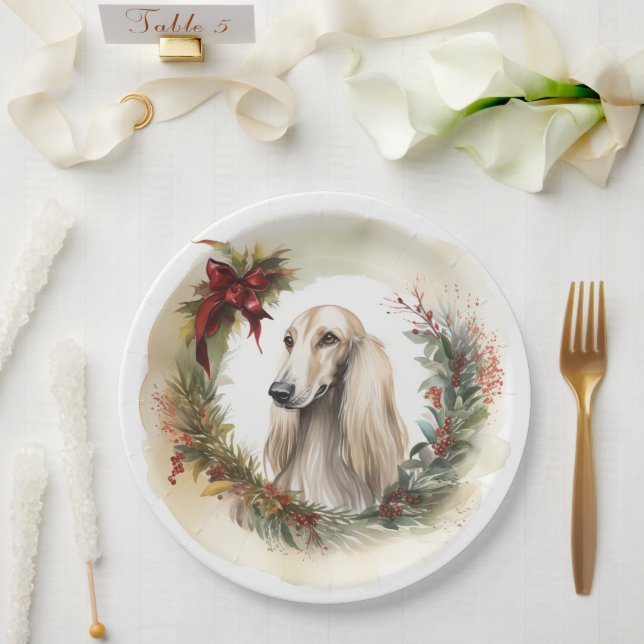 Prato De Papel Afghan Hound Christmas Wreath Festivo Pup (Casamento)