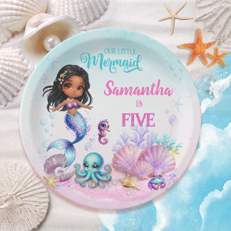 Prato De Papel Afro mermaid Birthday Party - Under the Sea Splish