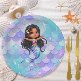 Prato De Papel Afro mermaid Birthday Party - Under the Sea Splish