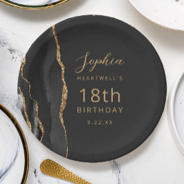 Prato De Papel Ágata Preta Dourada Aniversário de 18 Anos Dark
