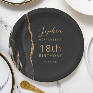Prato De Papel Ágata Preta Dourada Aniversário de 18 Anos Dark