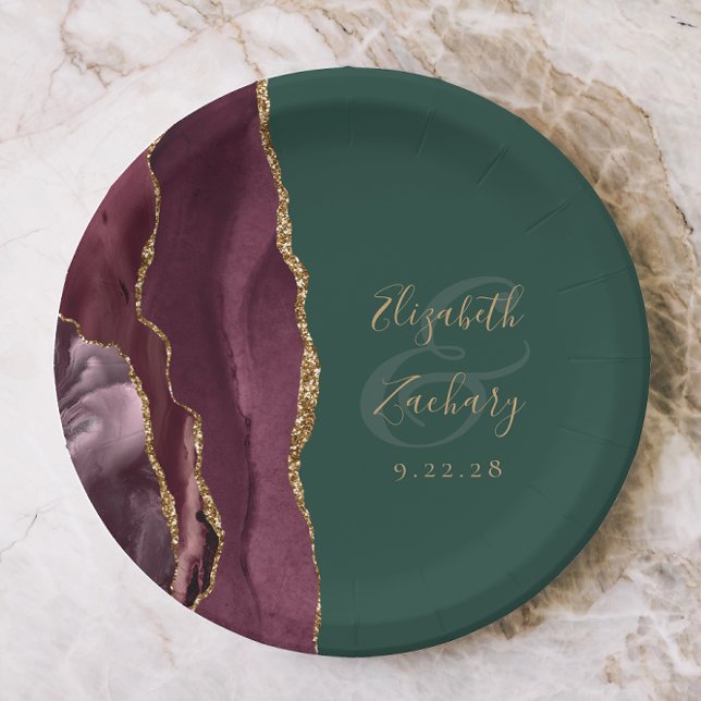 Prato De Papel Agate Geode Script Burgundy Verde Dourado (Criador carregado)