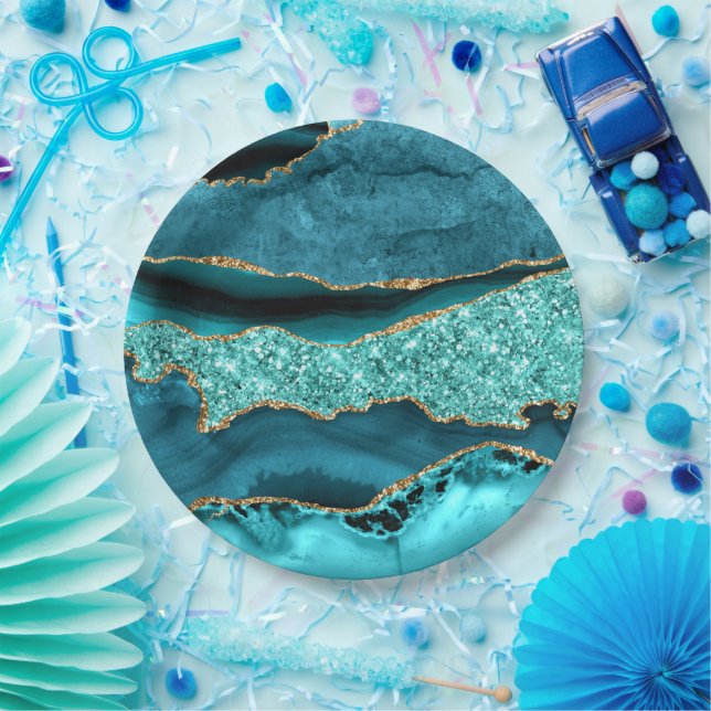 Prato De Papel Agate Teal Blue Glitter Marble Aqua Turquoise (Festa)
