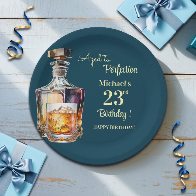 Prato De Papel Aged to Perfection Men 23rd Whiskey Birthday (Criador carregado)