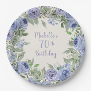 Prato De Papel Água-forte Floral Azul Empoeirado Aniversário de 7