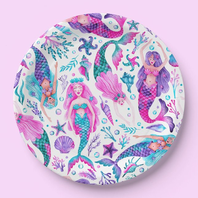 Prato De Papel Água - Sereias Marinhas + Starfish Aniversário (Watercolor Mermaids Sea Shells + Starfish Birthday Paper Plates)