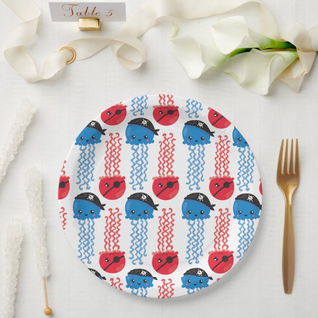 Prato De Papel Água-viva pirata, padrão de água-viva, animais mar (Casamento)